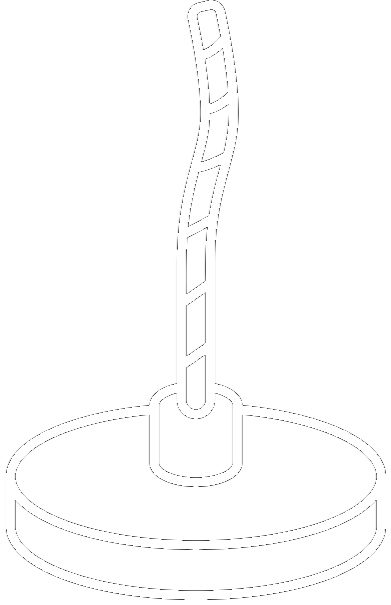 A cartoon illustration of a candle with a striped wick and a round base.