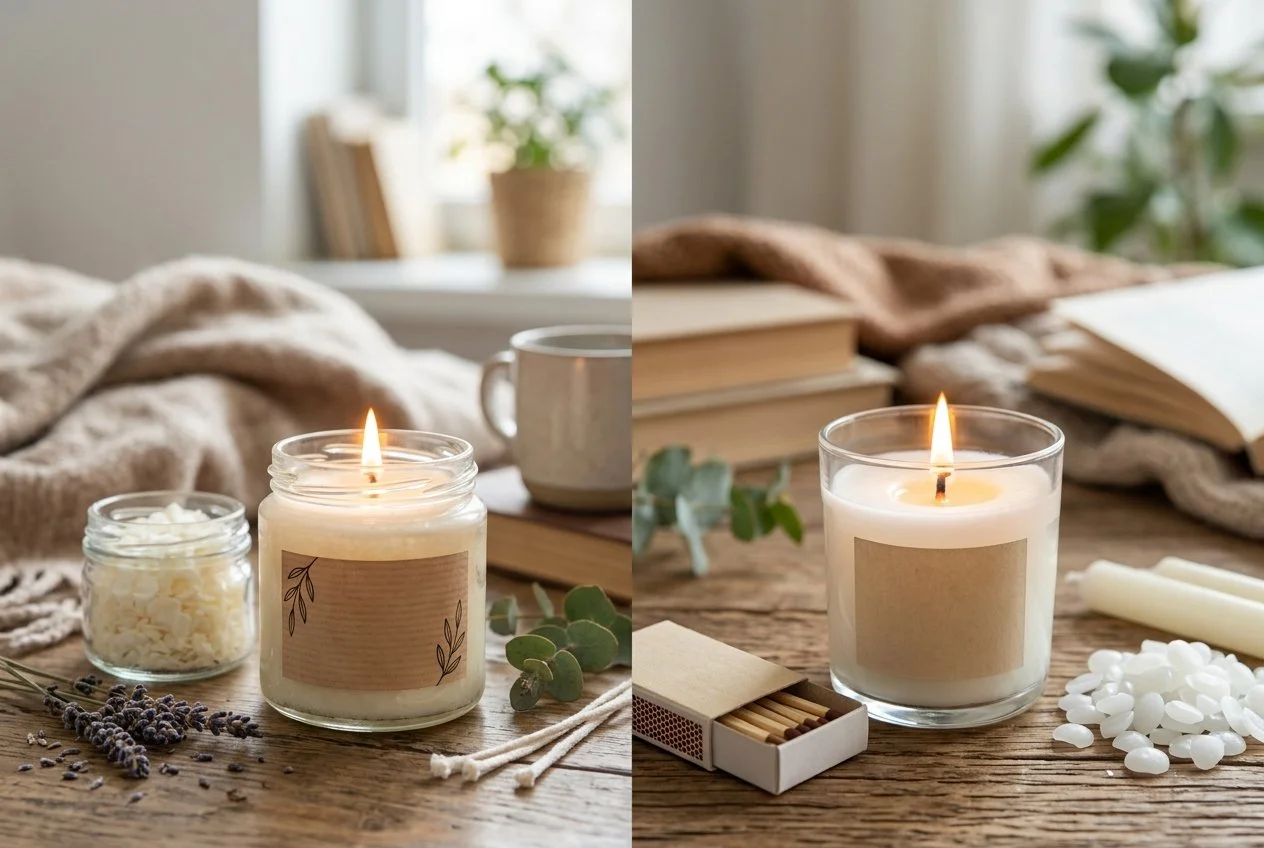 Candle burning on a coffee table next to some matches, candle sticks, and herbs.