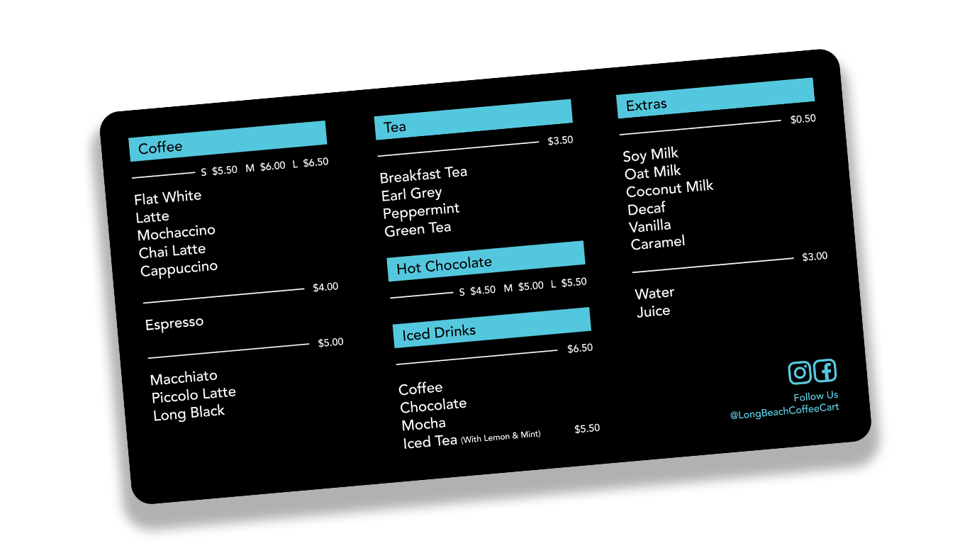 Coffee shop menu with categories for coffee, tea, hot chocolate, iched drinks, and extras, including prices for different sizes and options, with social media icons and handle at the bottom right.