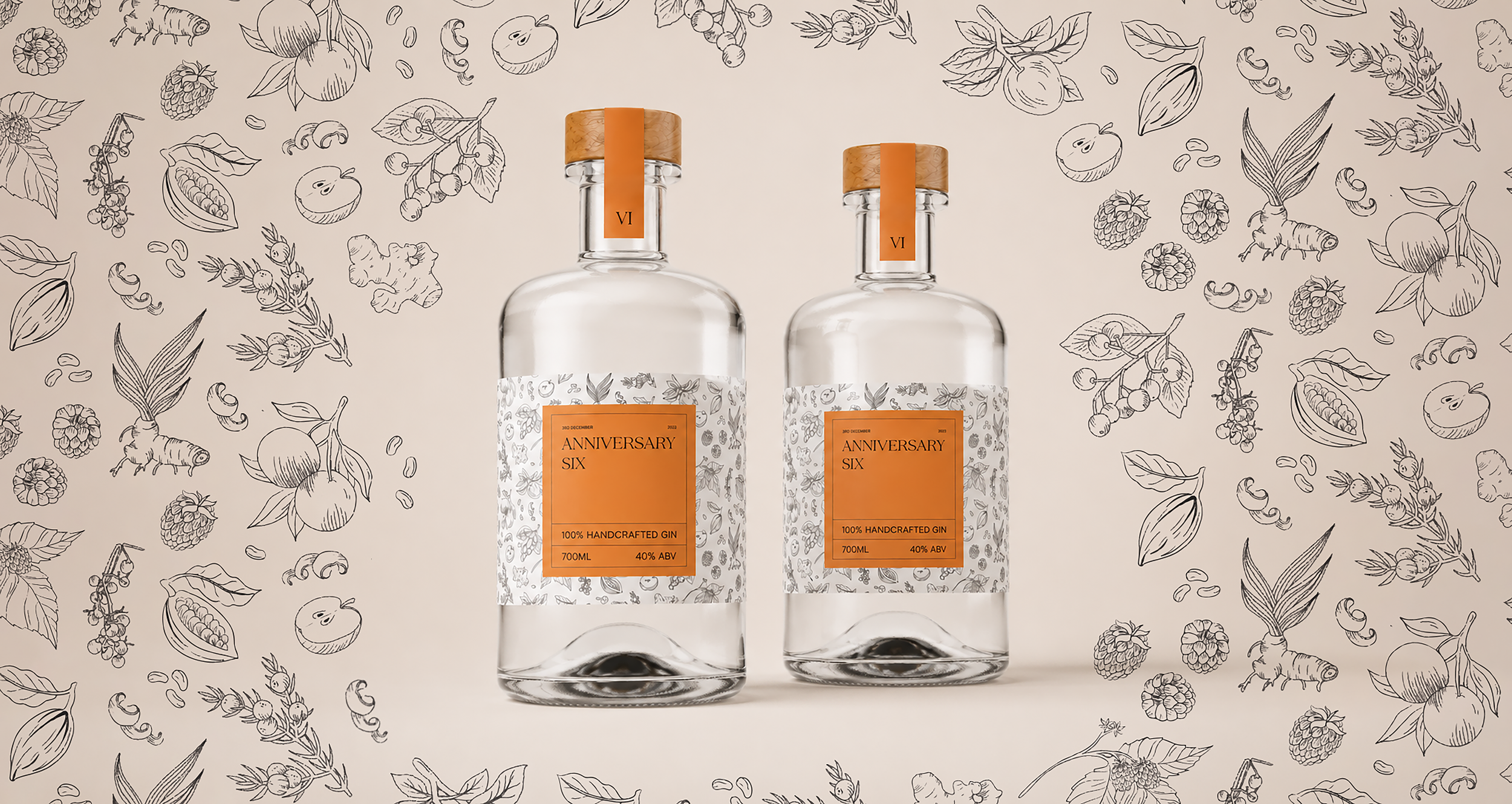 Two bottles of handcrafted gin labeled 'Anniversary Six' with orange labels and cork stoppers, placed in front of a background with black outlines of various fruits, herbs, and seeds.