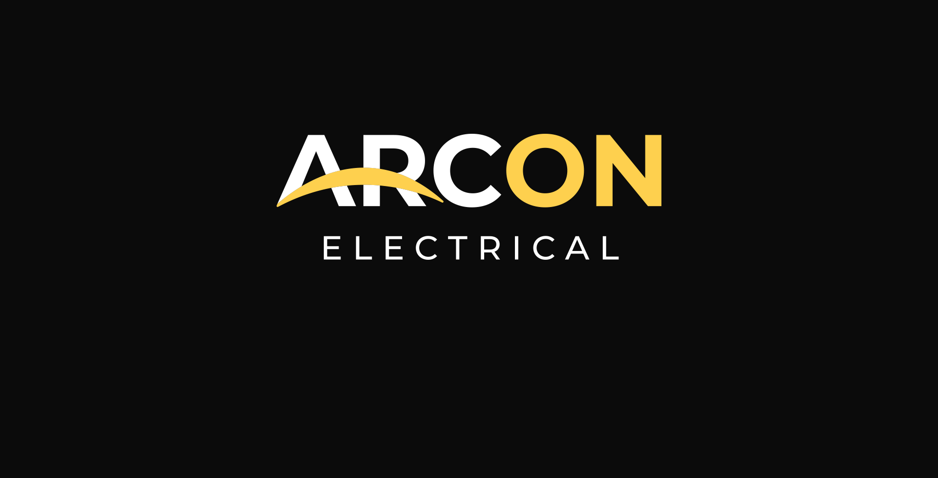 Logo of Arcon Electrical with a black background, featuring the word 'ARCON' in white and yellow letters and a yellow arc over the 'A' and 'R', with 'ELECTRICAL' written beneath in white