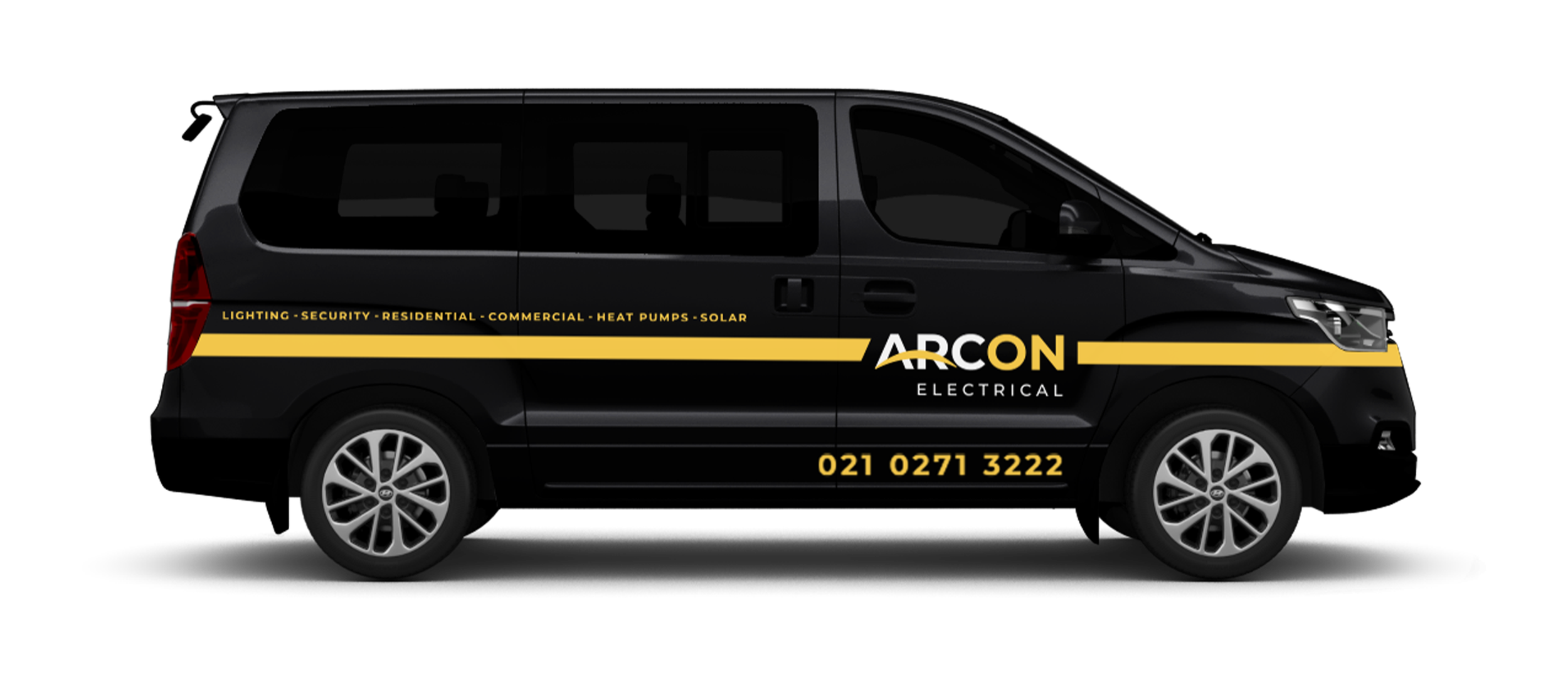 Black van with branding for Arcon Electrical, featuring a yellow horizontal stripe, various service offerings, a contact number, and the company logo.