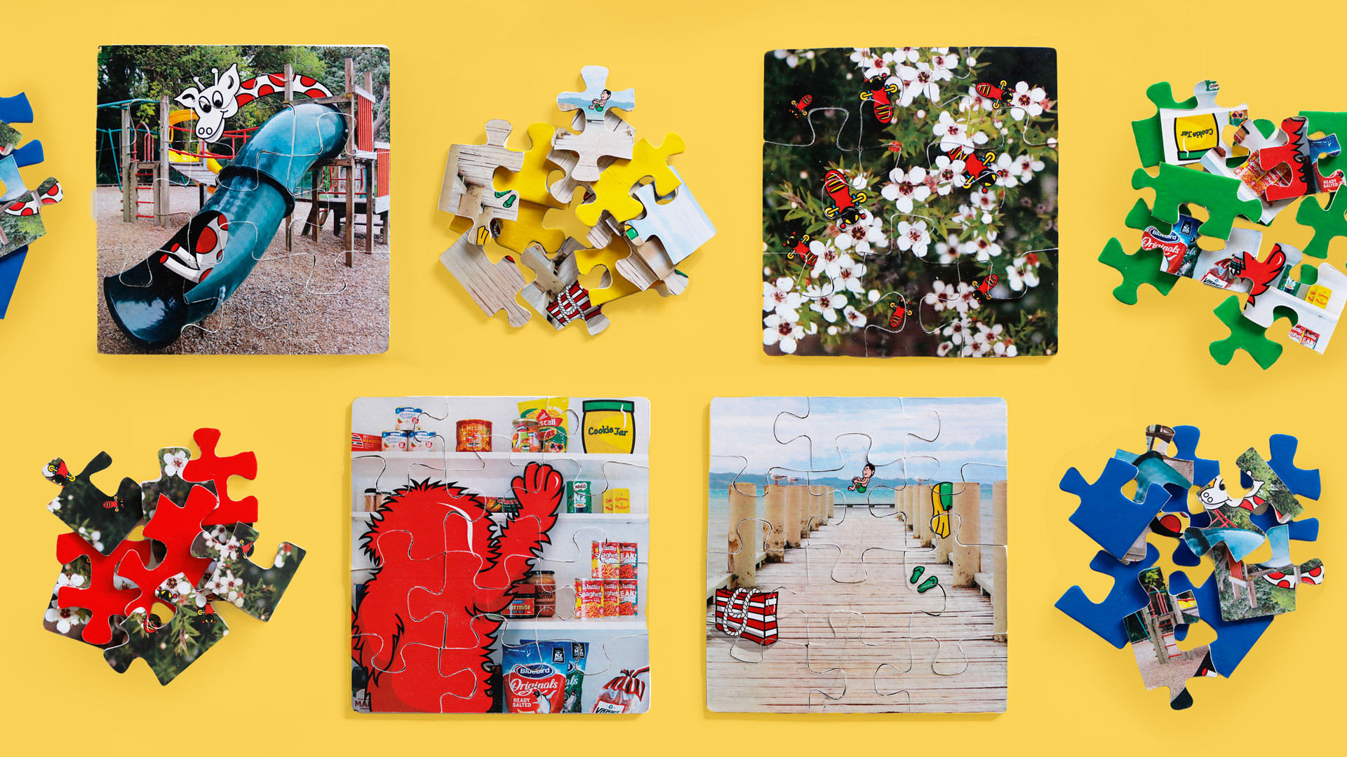 Array of photo puzzles on yellow background, featuring Longest Drink in Town giraffe on a slide, the cookie muncher reaching for groceries, and a beach scene with Mr 4 Square jumping off the