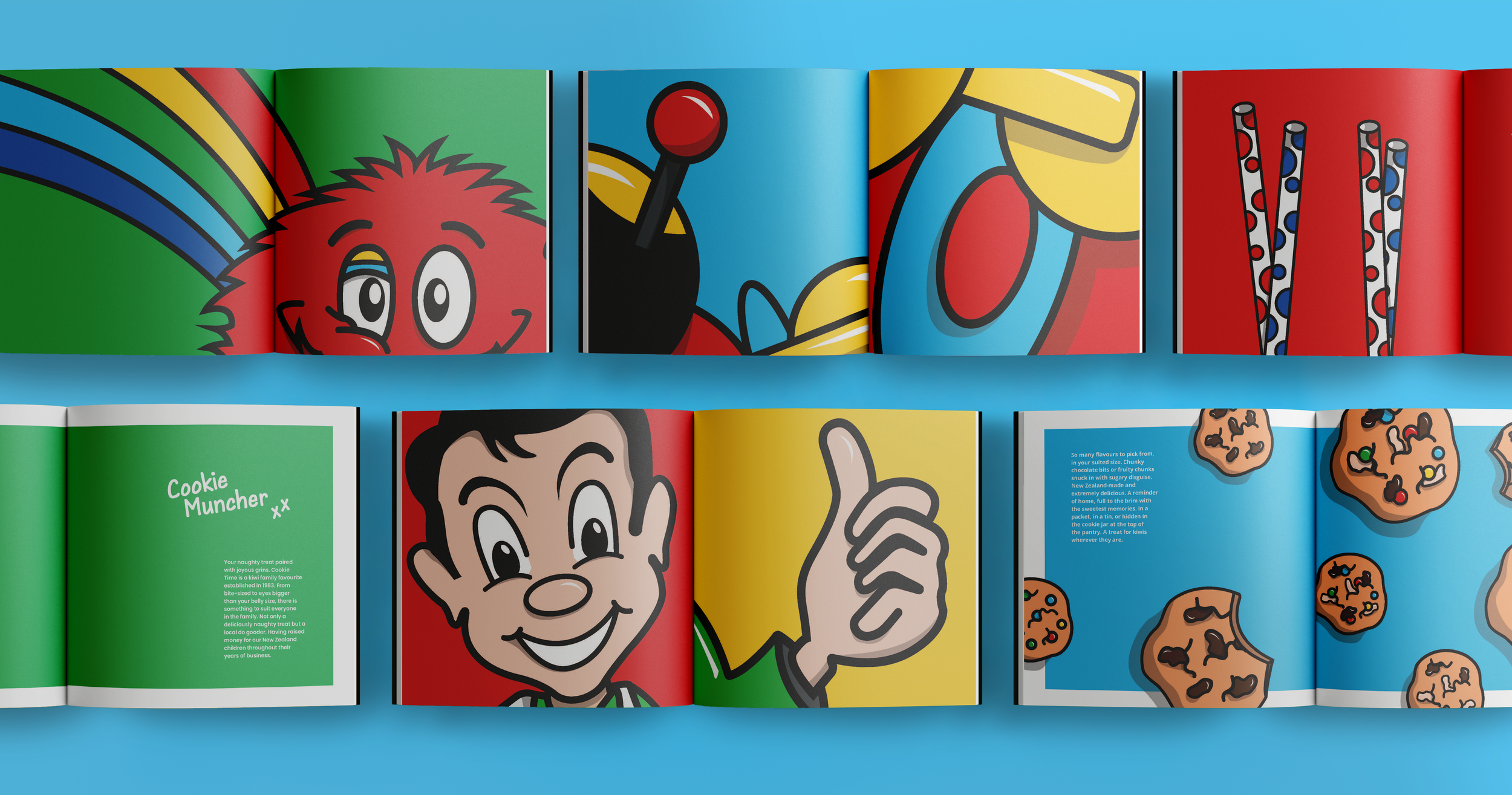 Open colourful book featuring colourful illustrations of Mr 4 Square, The Longest Drink in Town Giraffe, Buzzy Bee and Cookie Time Cookies, each book spread paired with text captions.