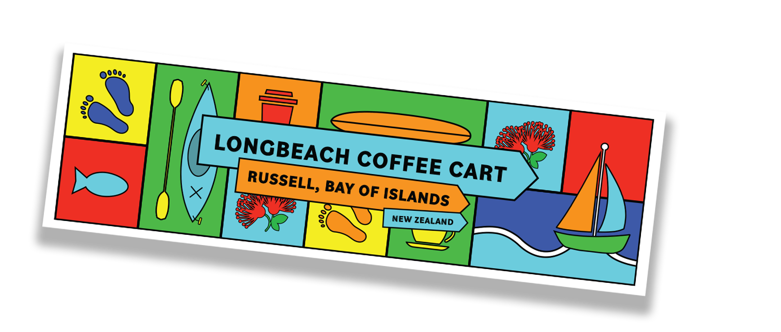 Colorful, rectangular bumper sticker for Longbeach Coffee Cart in Russell, Bay of Islands, New Zealand, featuring illustrations of footprints, a kayak, a coffee cup, flowers, a sailboat, and various bright colors.