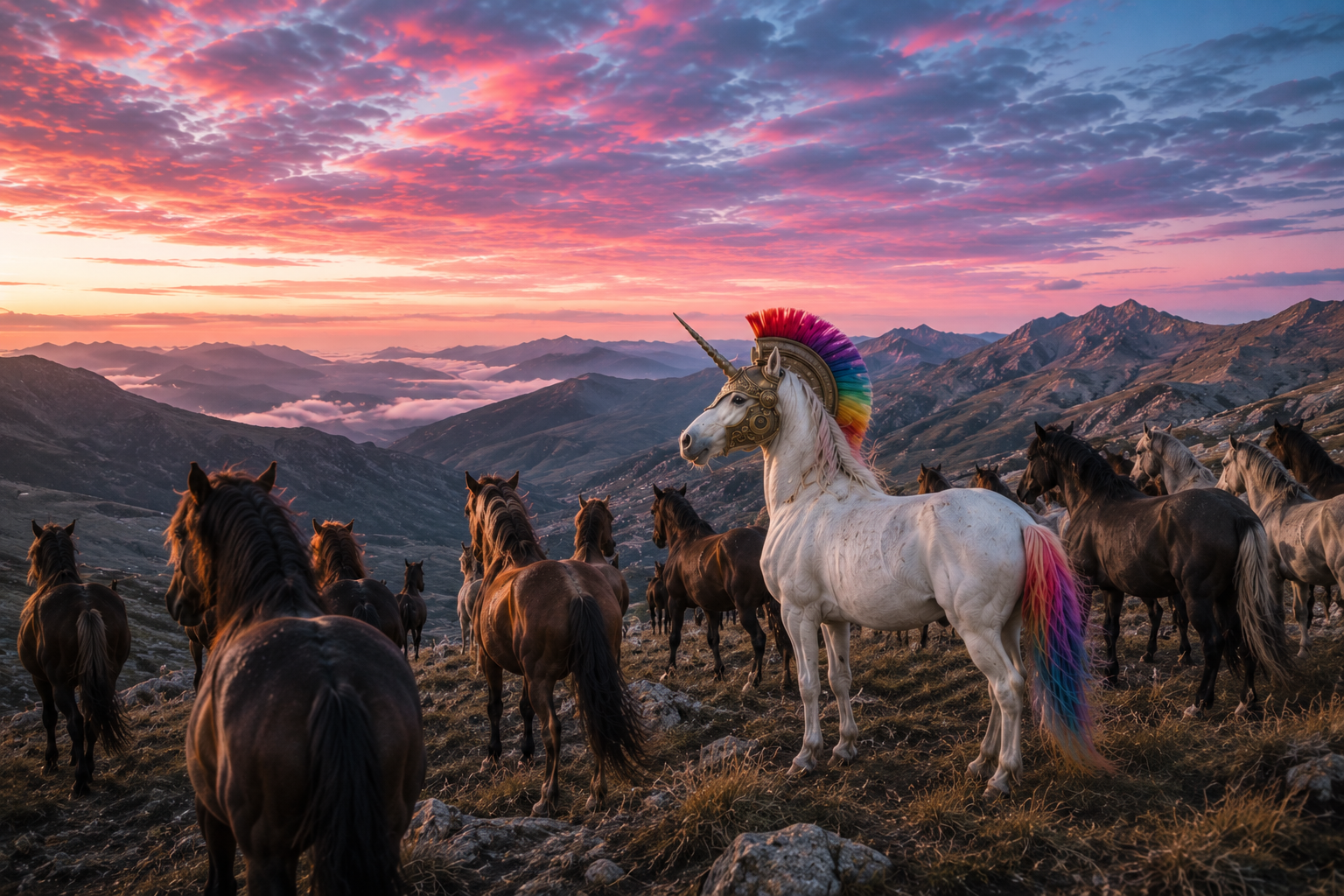 A white unicorn with a rainbow-colored mane and horn standing among a herd of horses on a mountainous landscape at sunset.