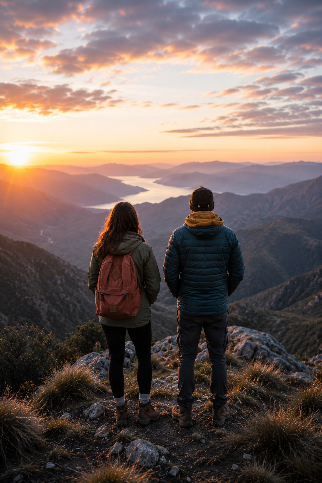 Two hikers, a woman with a backpack and a man in a puffy jacket, standing on a mountain overlooking a river and a sunset.