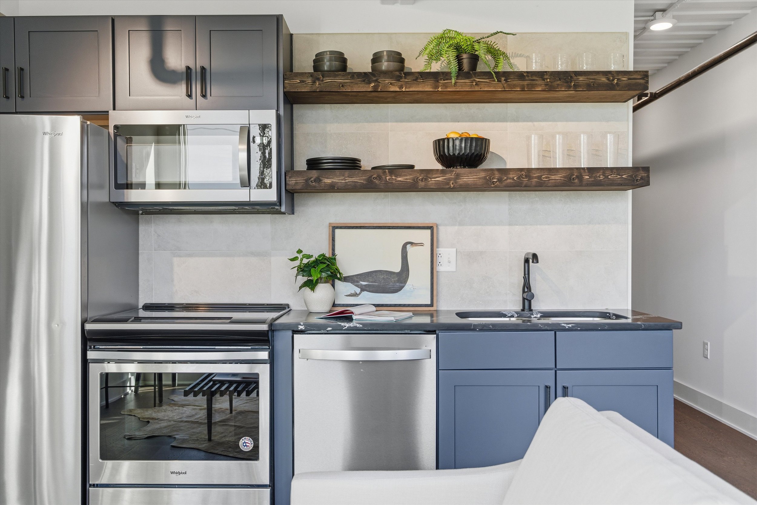 Modern kitchen with gray cabinets, stainless steel appliances, black open shelving, a framed bird artwork, a green potted plant, and decorative bowls and glasses on wooden shelves.