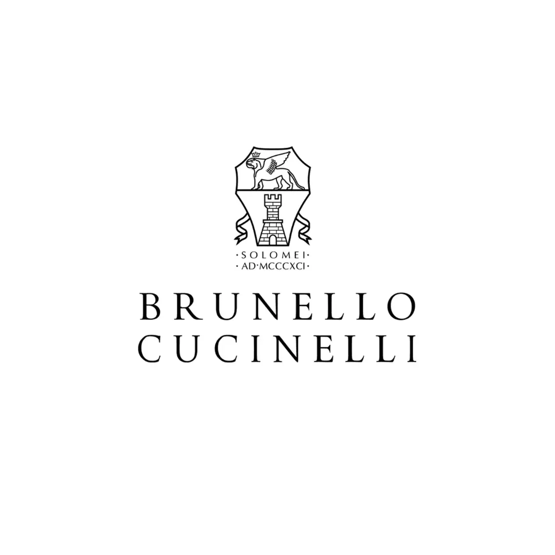 Brunello Cucinelli logo with a shield crest featuring a winged lion and a tower, and text with the names 'Brunello Cucinelli'