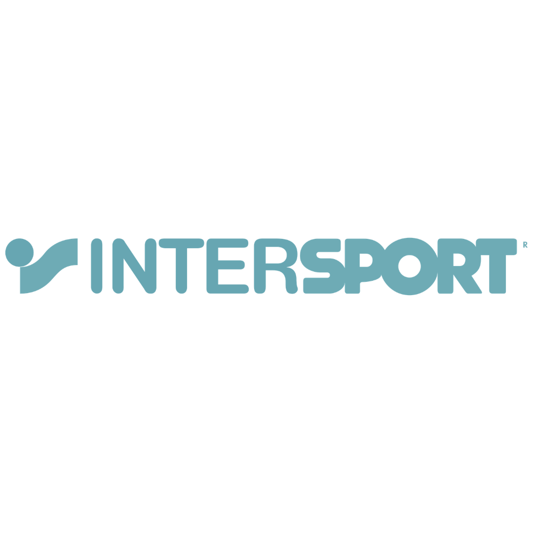 Intersport logo with blue text and abstract wave and dot symbol.