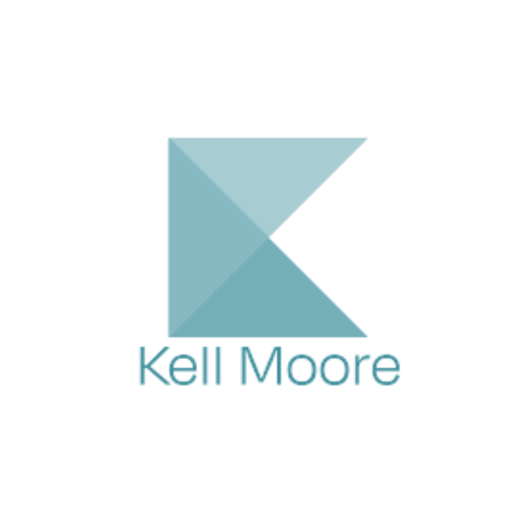 Logo with a stylized letter 'K' and the name 'Kell Moore' underneath in teal color.