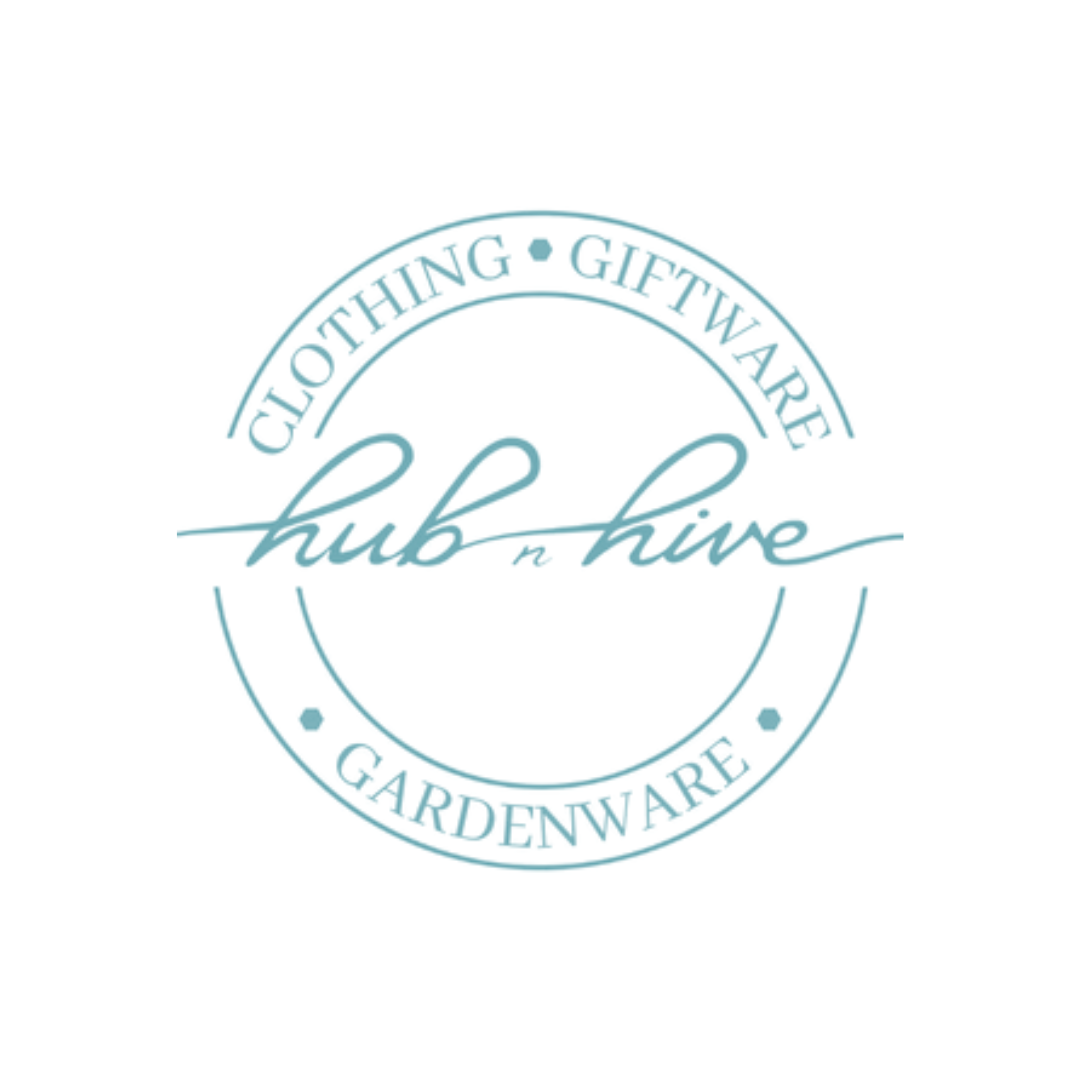 Logo for Hub n Hive featuring a circular design with the words 'Clothing', 'Giftware', 'Gardenware' around the top and bottom, and 'hub n hive' in stylized cursive in the center.