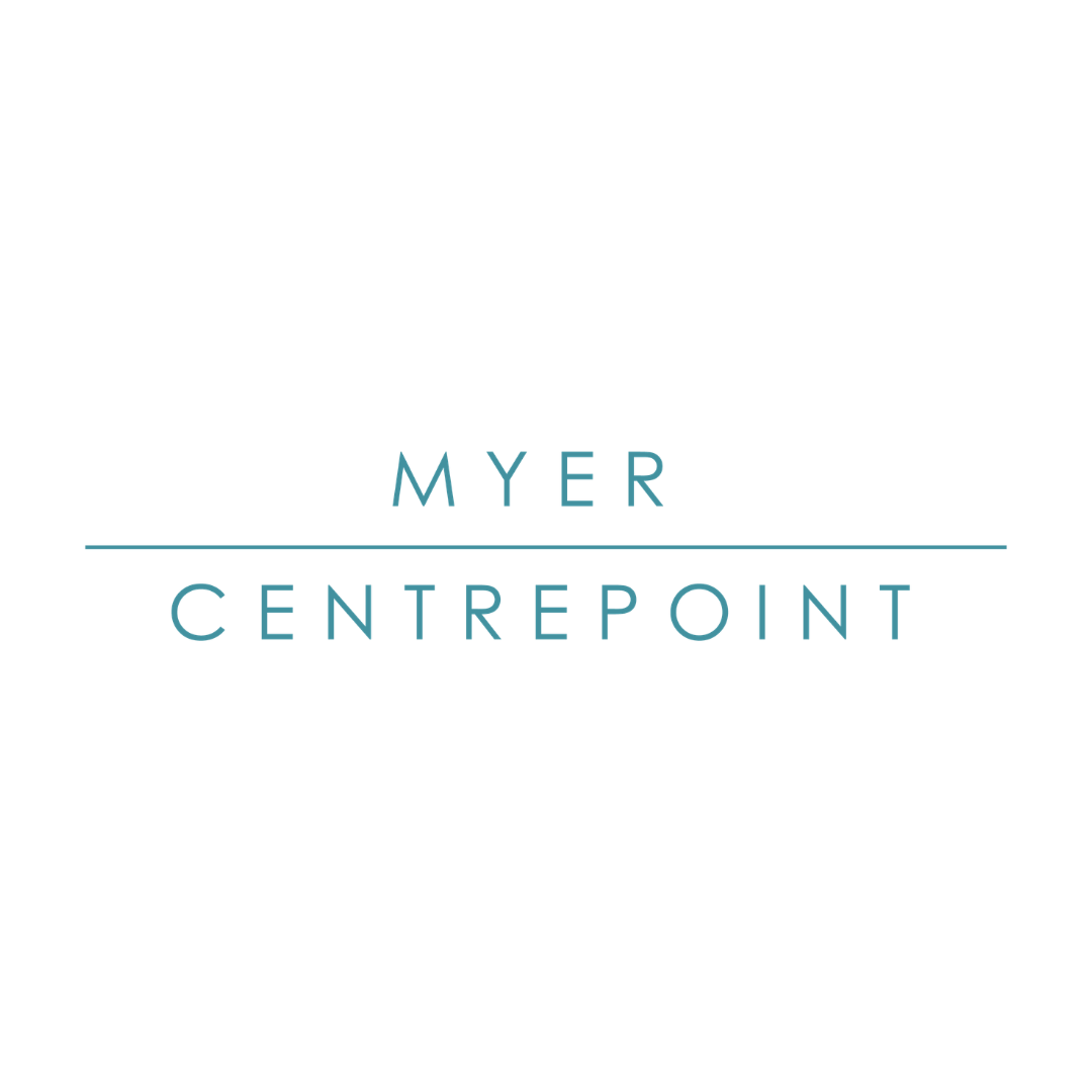Myer Centrepoint logo in teal font on a white background