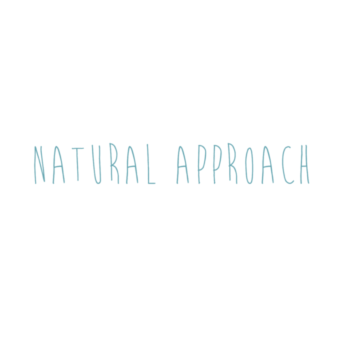 Text that reads 'Natural Approach' in blue handwritten font on a white background