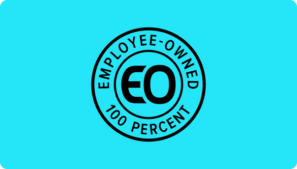 Blue background with a circular black and white badge that reads 'Employee-Owned 100 Percent EO'.