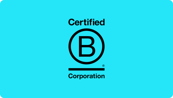 Blue background with a Black and white Certified B Corporation logo in the center.