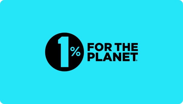 Blue background with black and white text that reads '1% FOR THE PLANET'.