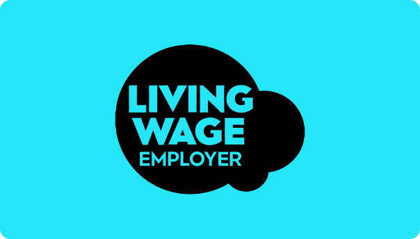 Blue background with black circle containing text about living wages and employer.