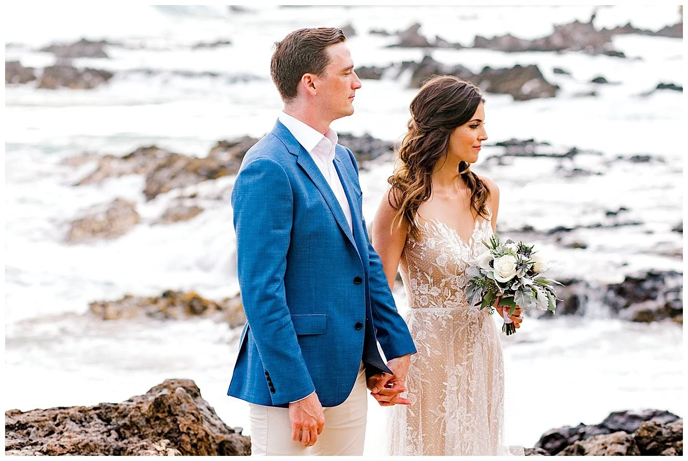 Bride and groom standing on the beach during a Maui elopement ceremony
