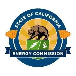 Seal of the California Energy Commission featuring a bear, lightning bolt, and water droplet inside a circular badge with a blue and yellow color scheme.
