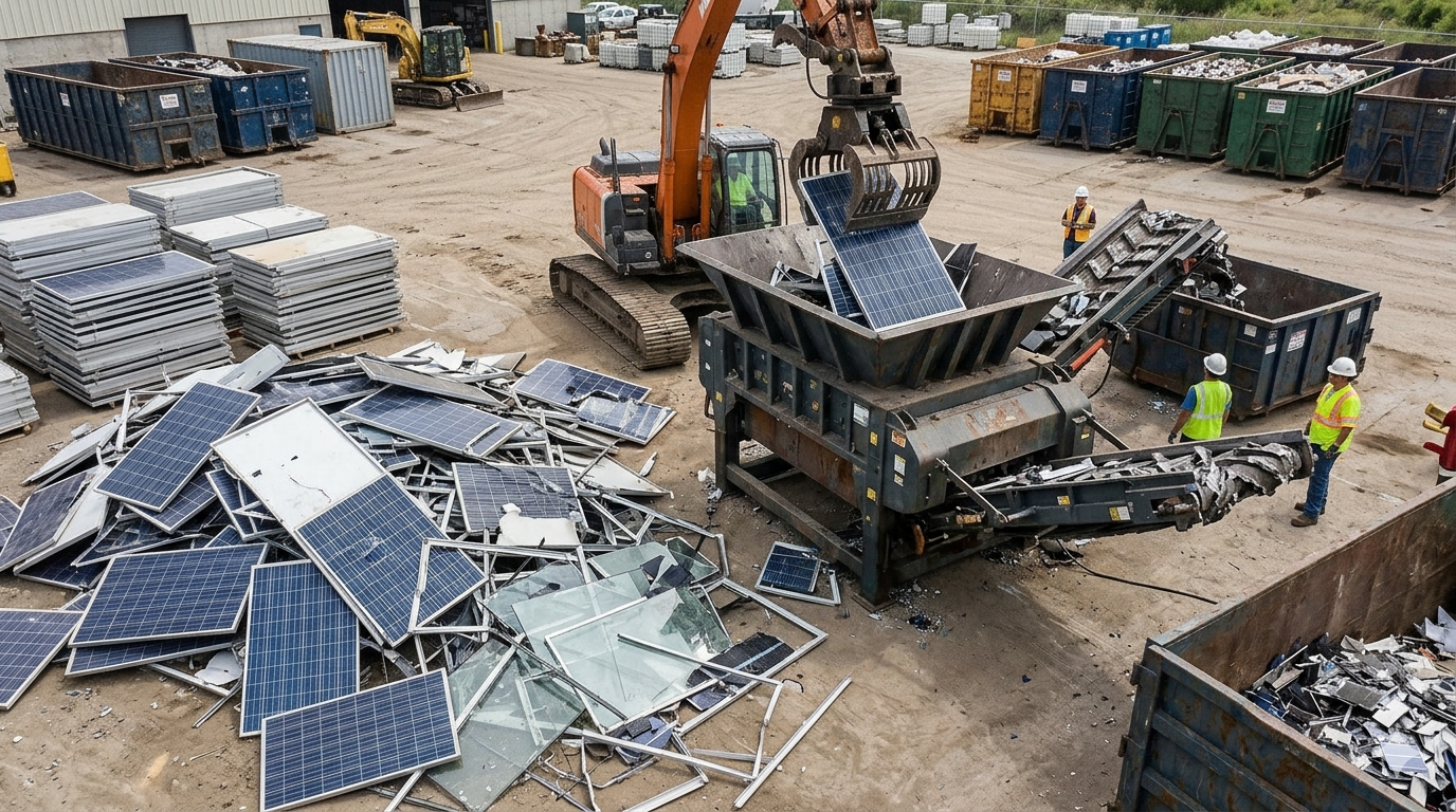 Solar panels being shredded or crushed at a recycling plant, with workers monitoring the process.