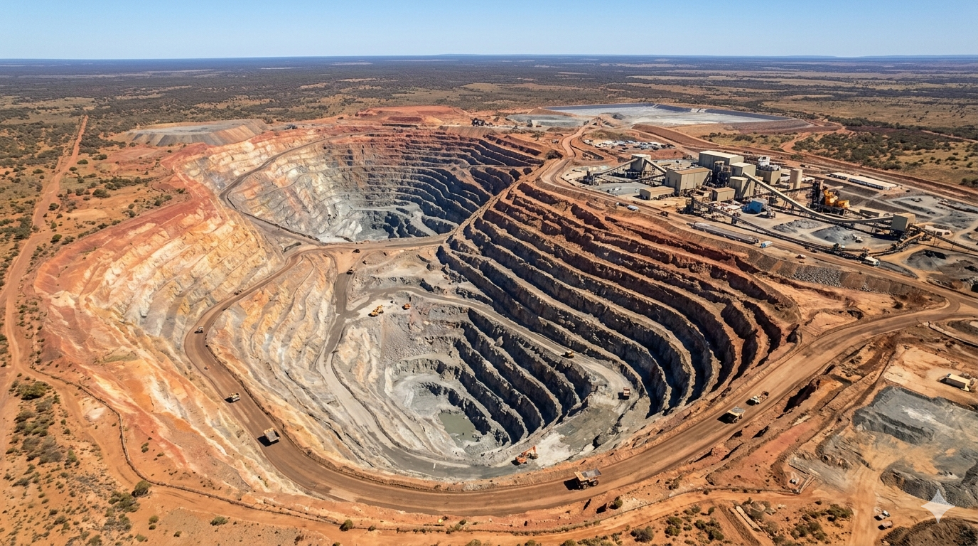 Aerial view of an open-pit gold mine with terraced excavations and industrial buildings in a desert landscape.