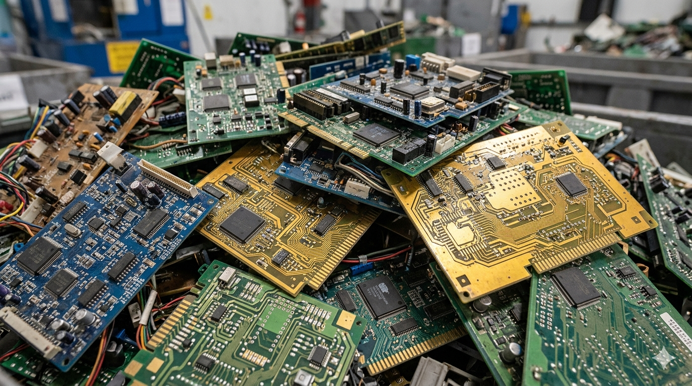 Pile of various colorful electronic circuit boards and computer parts in a recycling or repair shop.