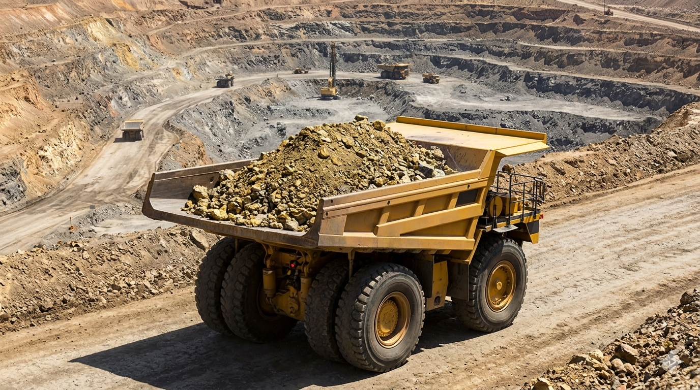 A large yellow dump truck carrying a load of dirt in a quarry or open-pit mine with terraced levels and additional construction vehicles in the background.