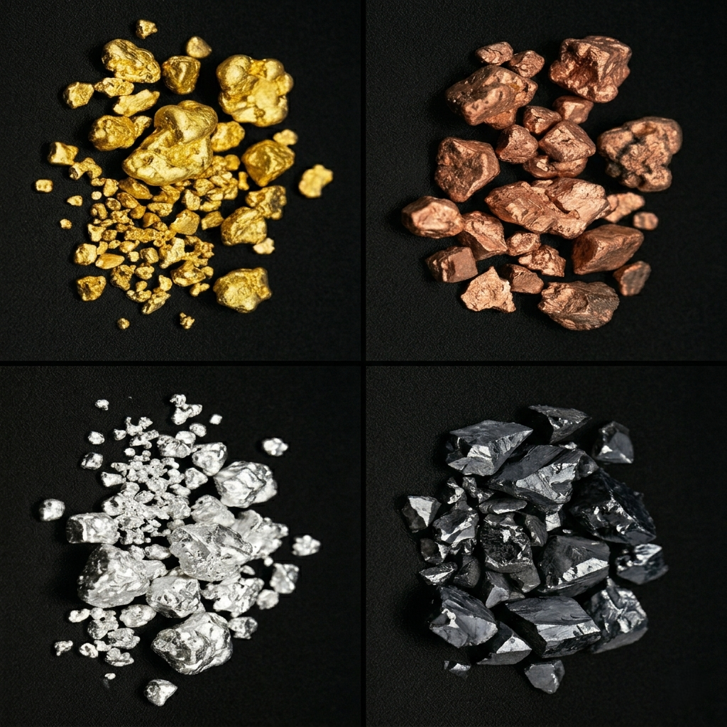 Four piles of different metallic stones on black background: gold, copper, silver, and silicon.