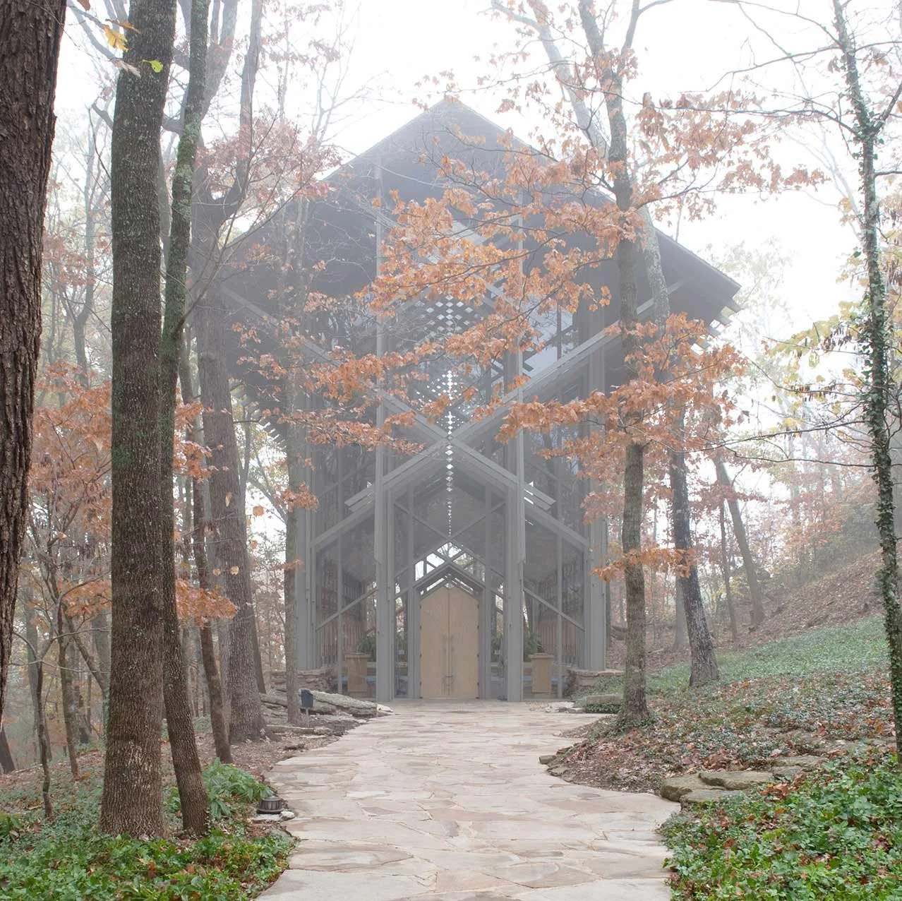Thorncrown Chapel in the mist