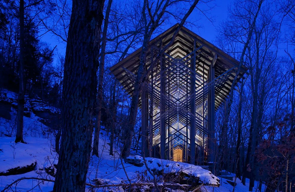 Thorncrown at night in the snow