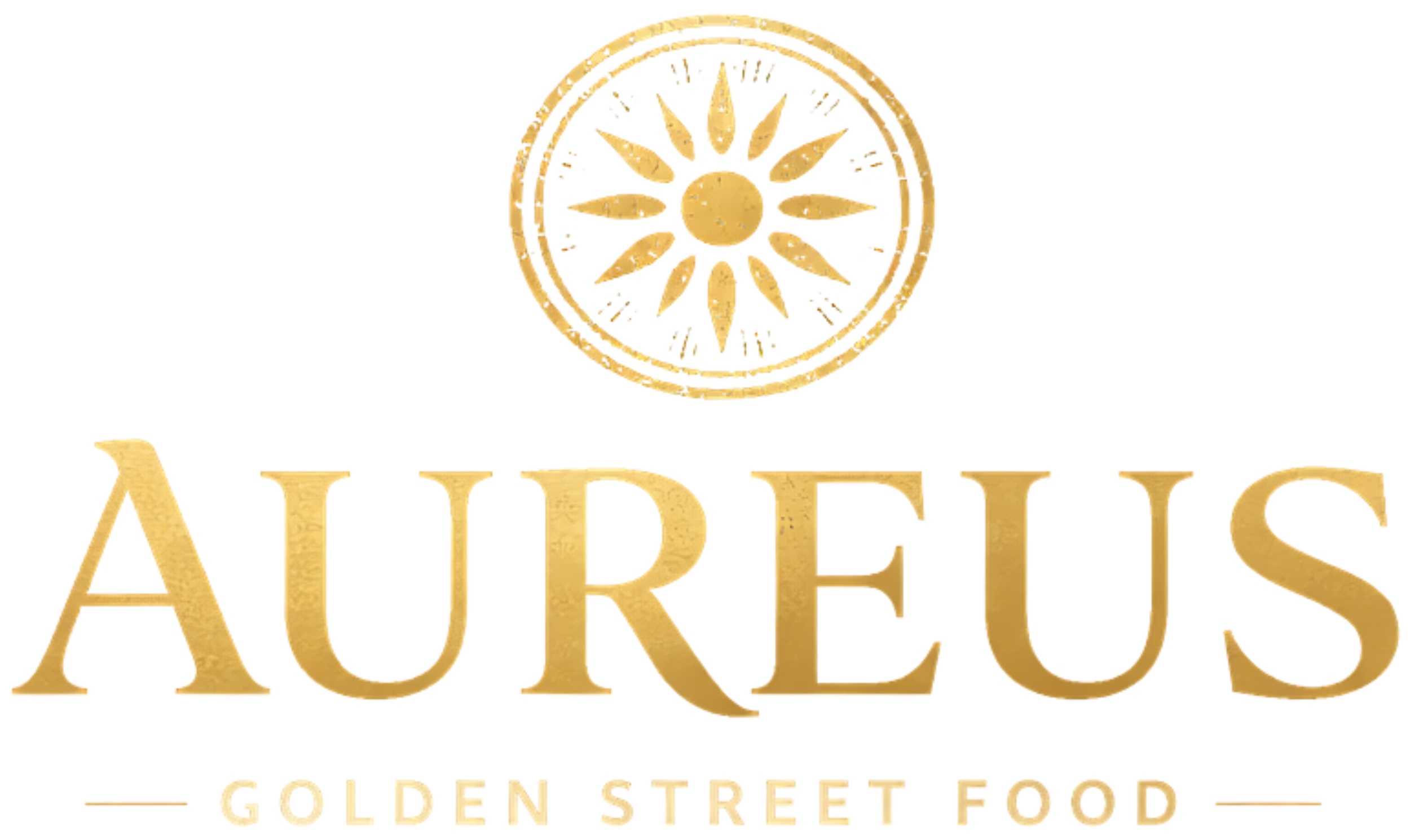 Gold sign with the text 'AUREUS' and a small banner underneath that reads 'GOLDEN STREET FOOD,' featuring a circular logo with a sun at the top.