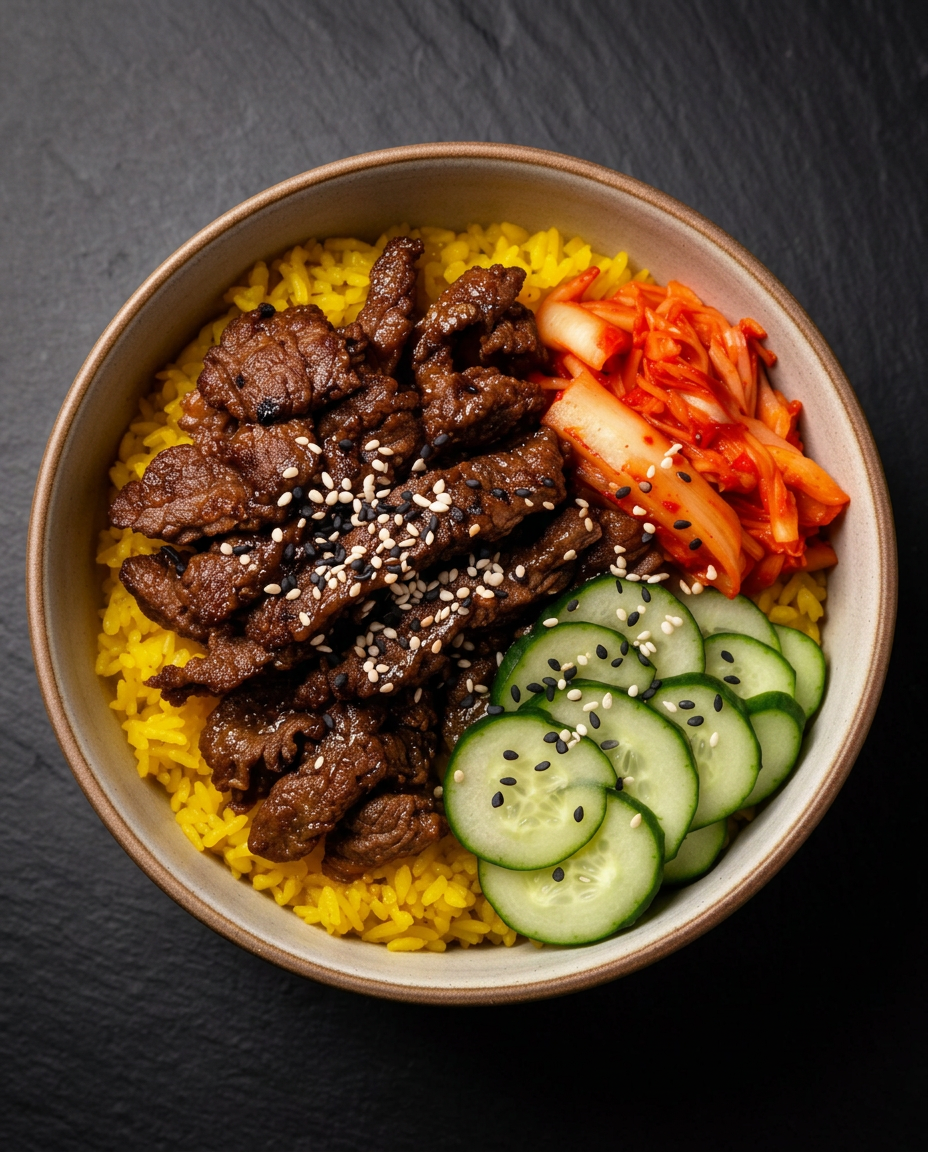 Bowl of Korean beef with sesame seeds, sliced cucumbers with black sesame seeds, shredded carrots, and yellow rice, on a dark surface.