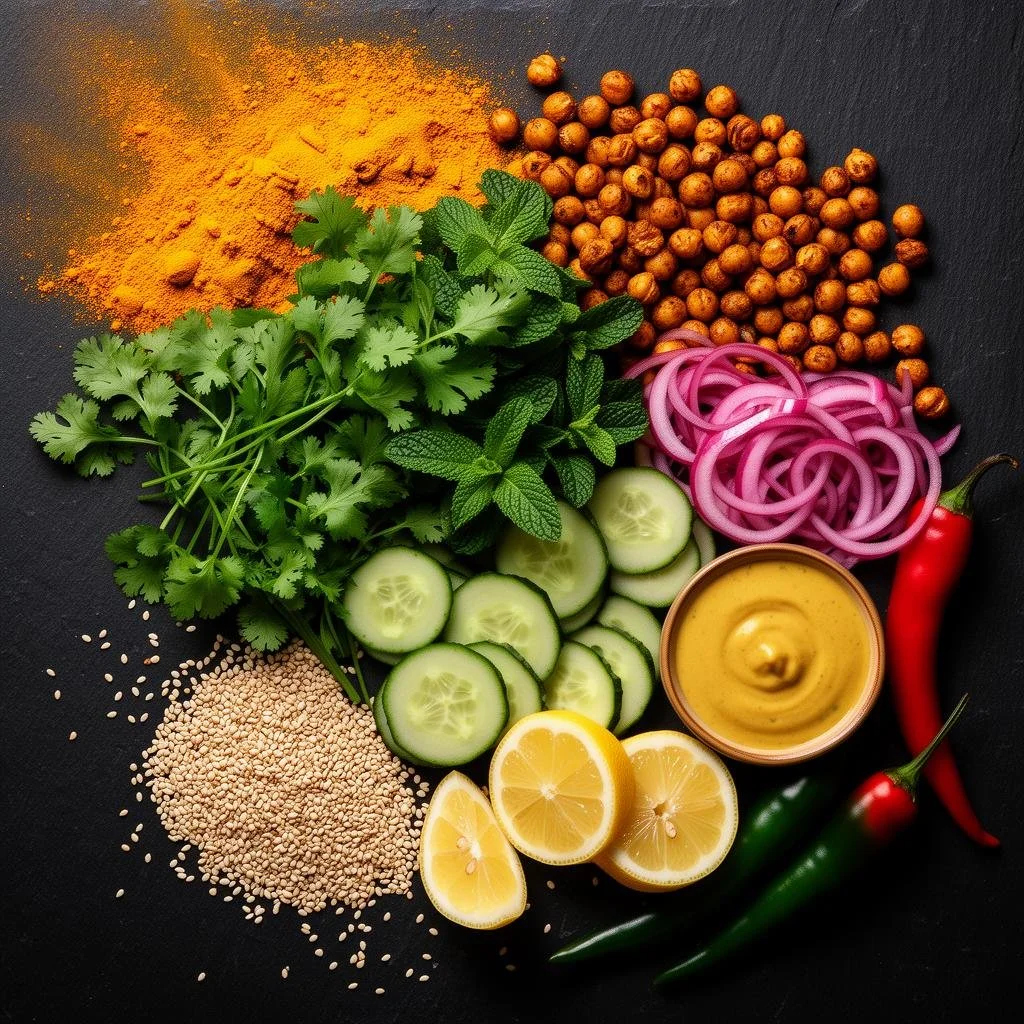 Assorted ingredients including turmeric powder, chickpeas, sliced cucumber, sliced lemon, sliced red onions, coriander, mint, sesame seeds, tahini, red and green chili peppers on a black surface.