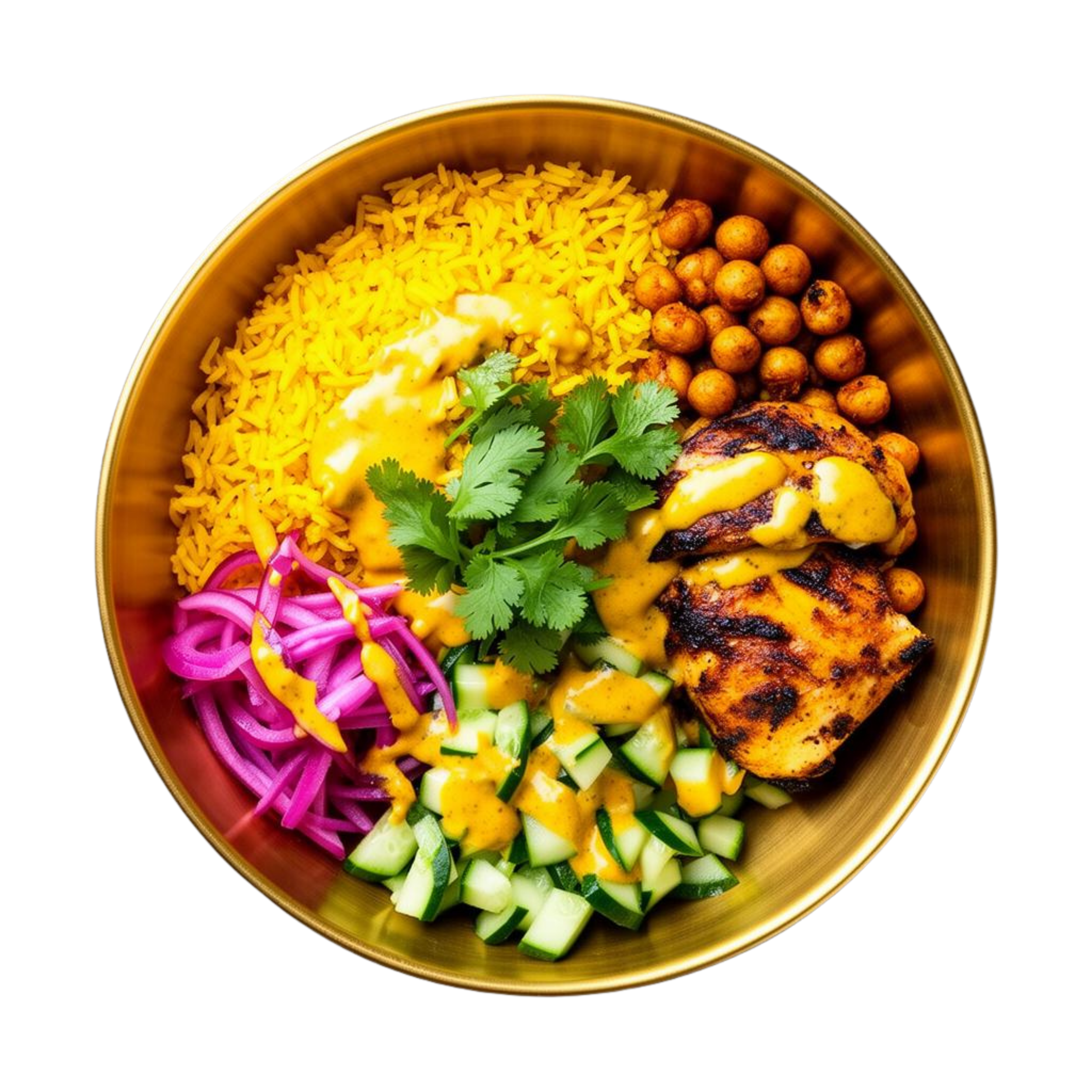 Bowl of Aureus golden bowl featuring yellow rice, grilled chicken, chickpeas, cucumber and pickled onions, cilantro, and gold sauce on top of each dish.