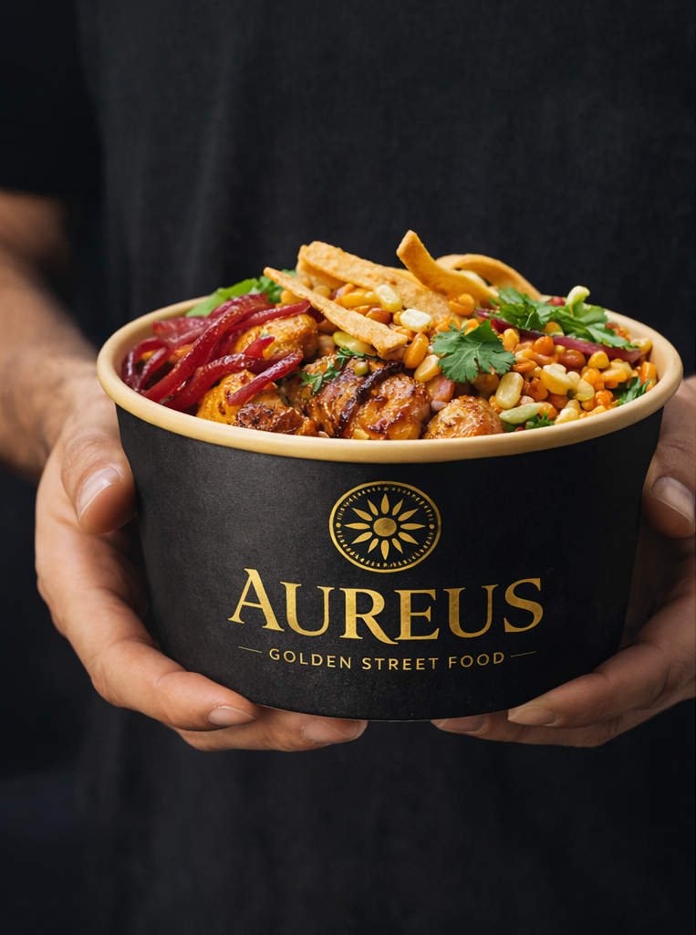 Person holding a black bowl with the logo 'Aureus Golden Street Food'; it contains a colorful salad with grilled chicken, red peppers, shredded vegetables, corn, nuts, and cilantro.