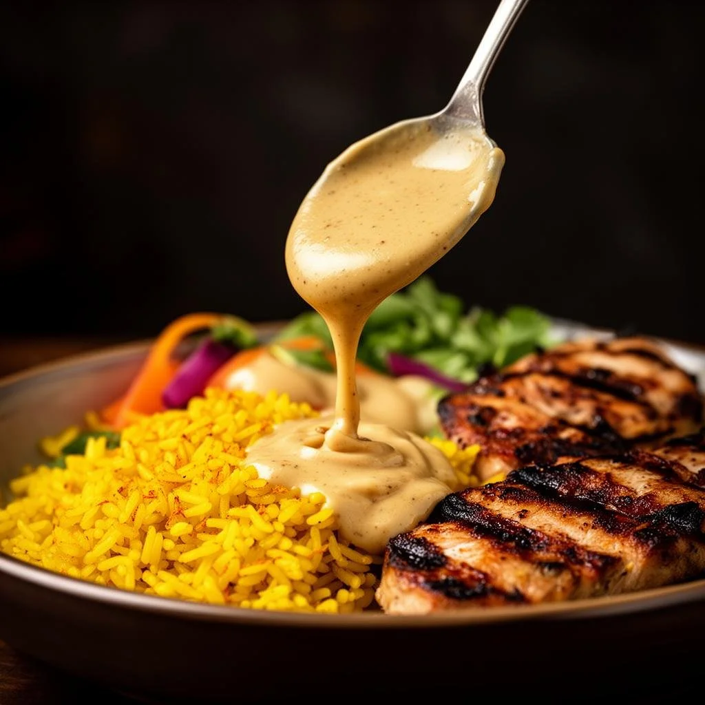 Grilled chicken with yellow rice, fresh salad, and dressing being poured on the rice.