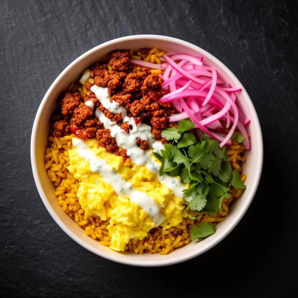 Bowl of seasoned yellow rice topped with crumbled ground beef, scrambled eggs, sliced pickled onions, fresh cilantro, and drizzled with white sauce.
