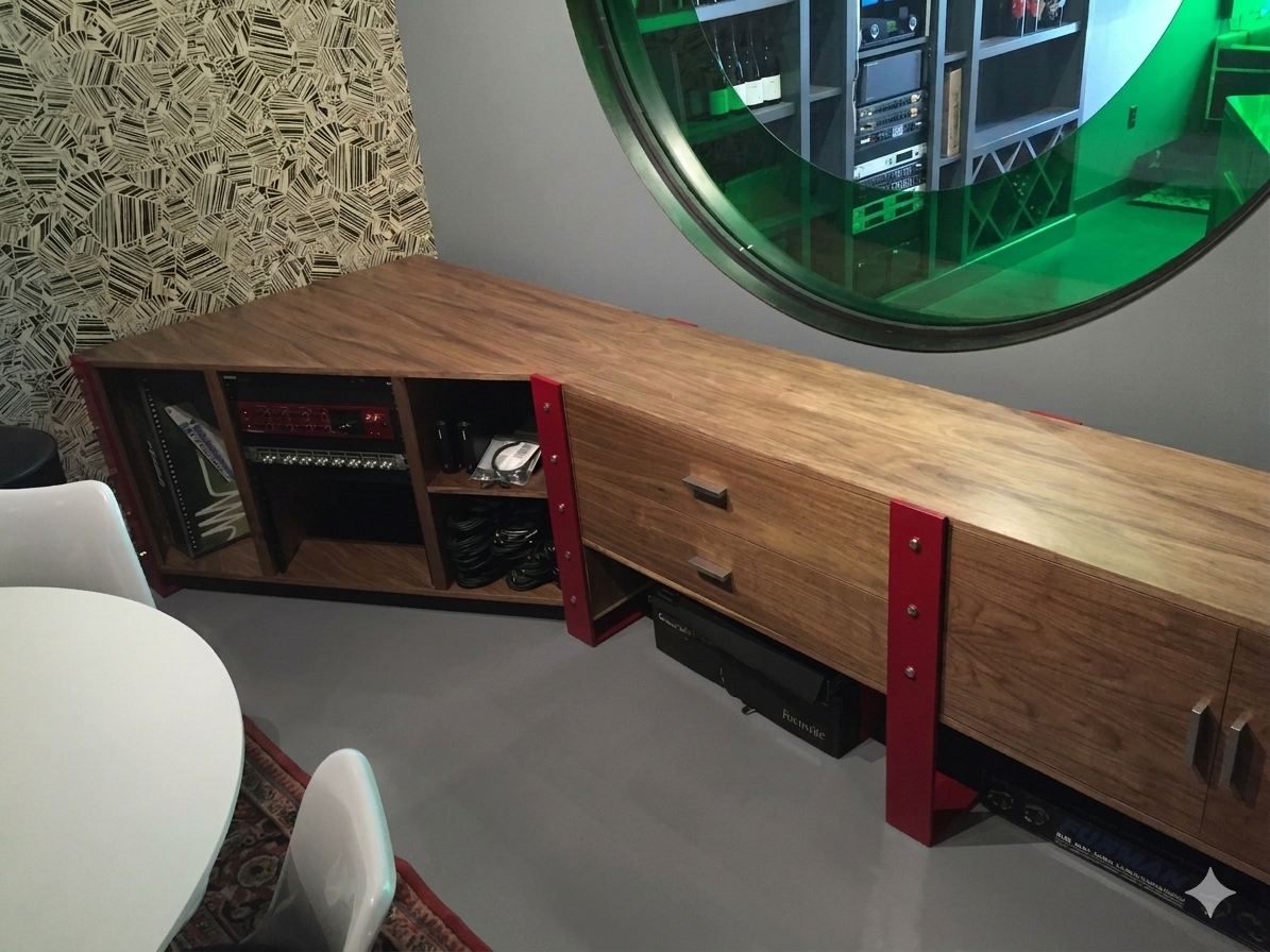 A custom wooden media console with open and closed storage, featuring red metal accents and positioned in front of a patterned wall and a circular window showing equipment room with glass and green lighting.