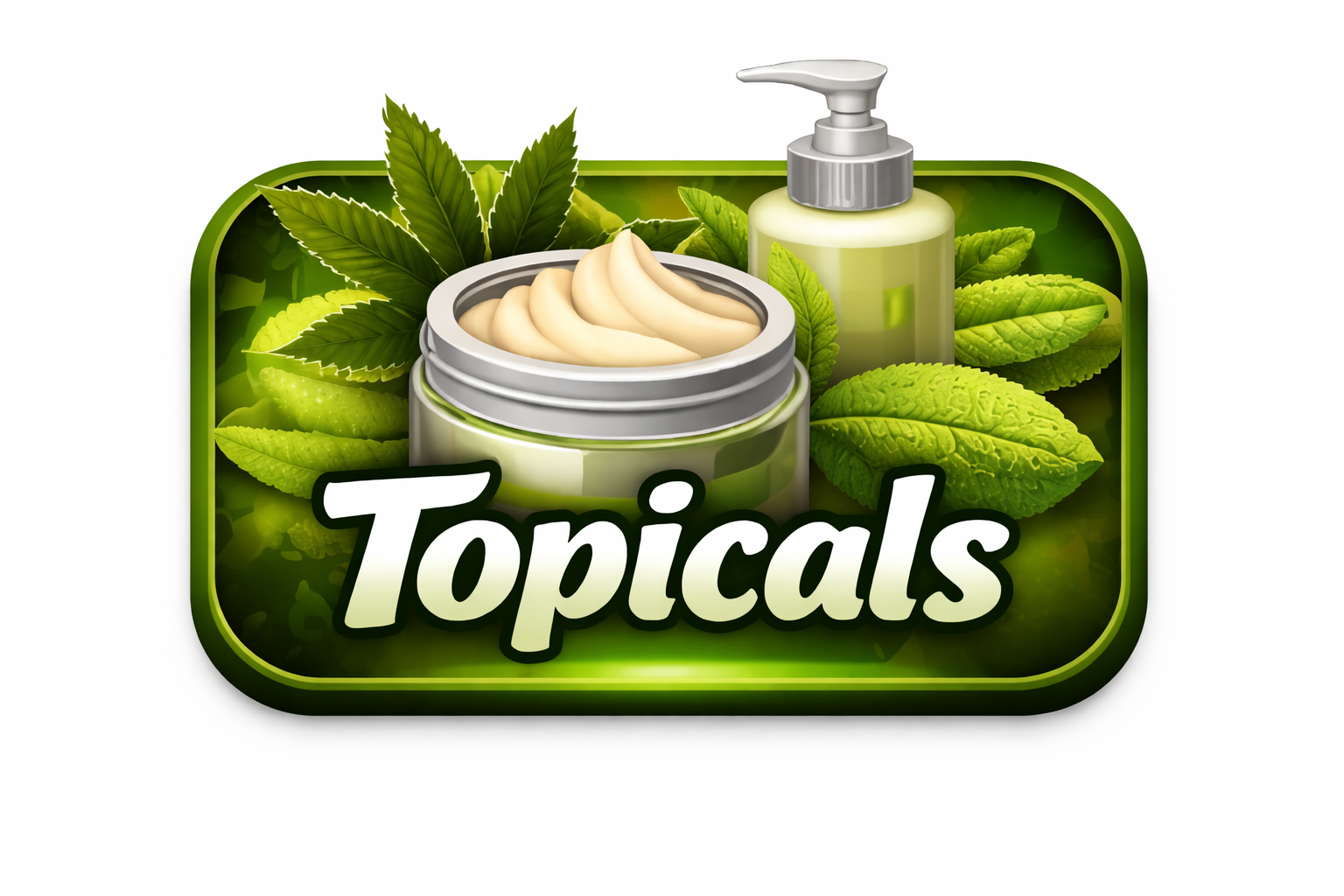 A logo for a brand named 'Topicals' featuring green leaves, a cream jar with cream inside, and a pump bottle, all set against a green background.