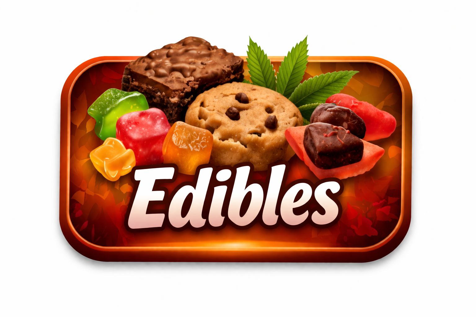 Assorted edible candies and a cannabis leaf in a tray labeled 'Edibles'.