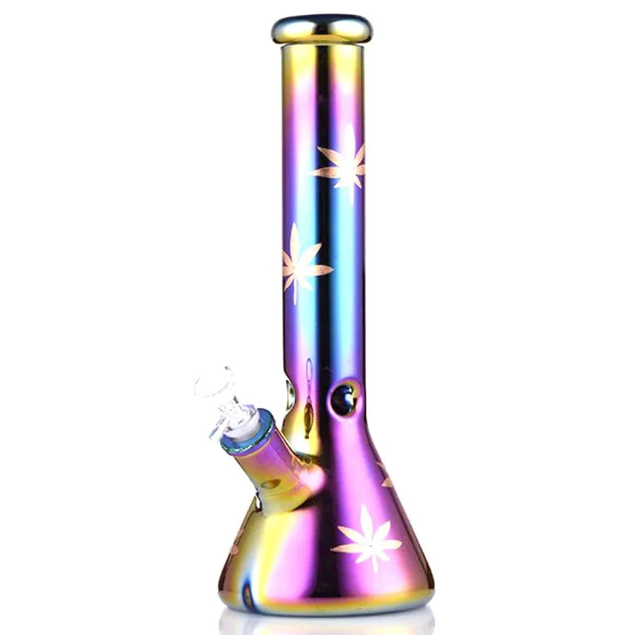 14" Leaf 7mm Glass Bong – Rainbow Oil Slick