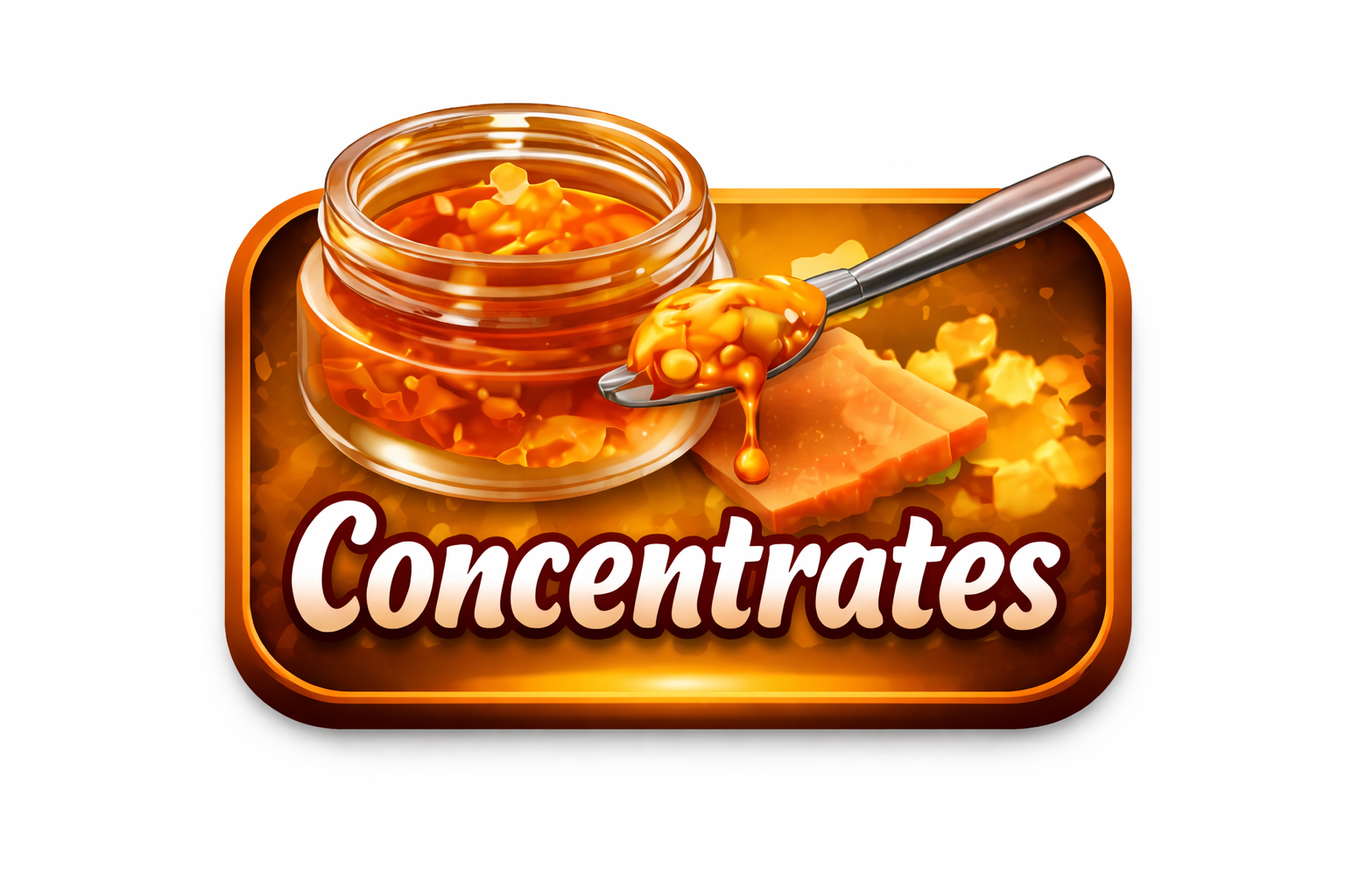A jar of orange concentrated soup with a spoonful scooped out, placed on a label with the word "Concentrates" written on it.
