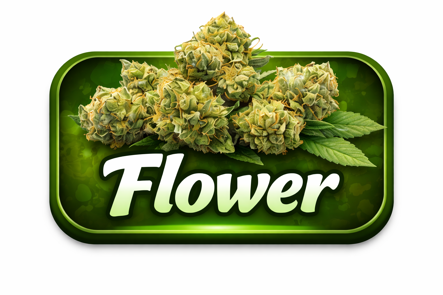 Graphic design featuring cannabis buds and leaves with the word 'Flower' in bold, stylized font on a green background.