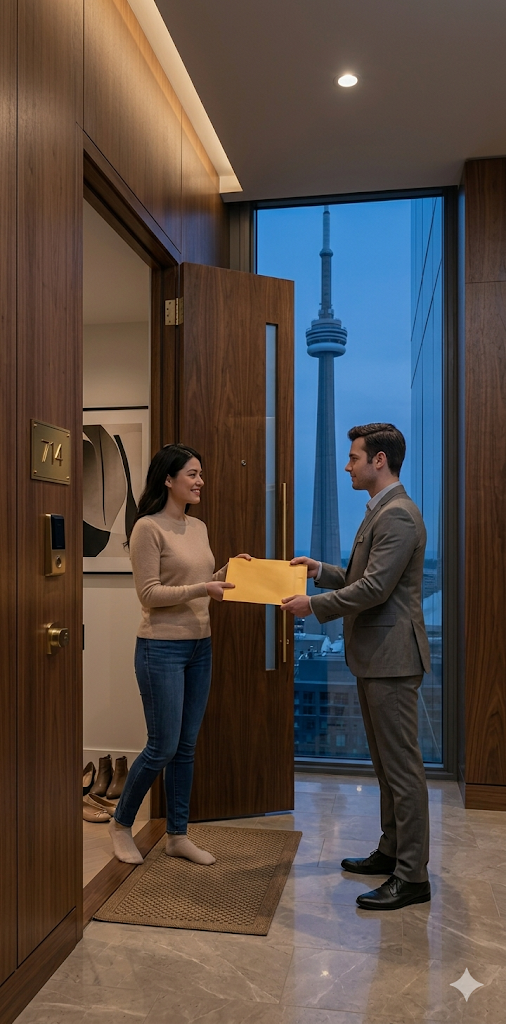 A man in a gray suit hands a manila envelope to a woman in a beige sweater and jeans at her apartment doorway, with the CN Tower visible through a large window behind them.