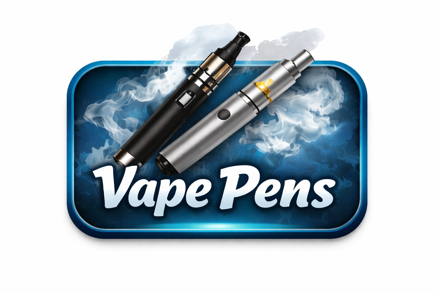 A logo for vape pens featuring two vape pen devices with vapor clouds and the text "Vape Pens" in white and light gray on a blue background.