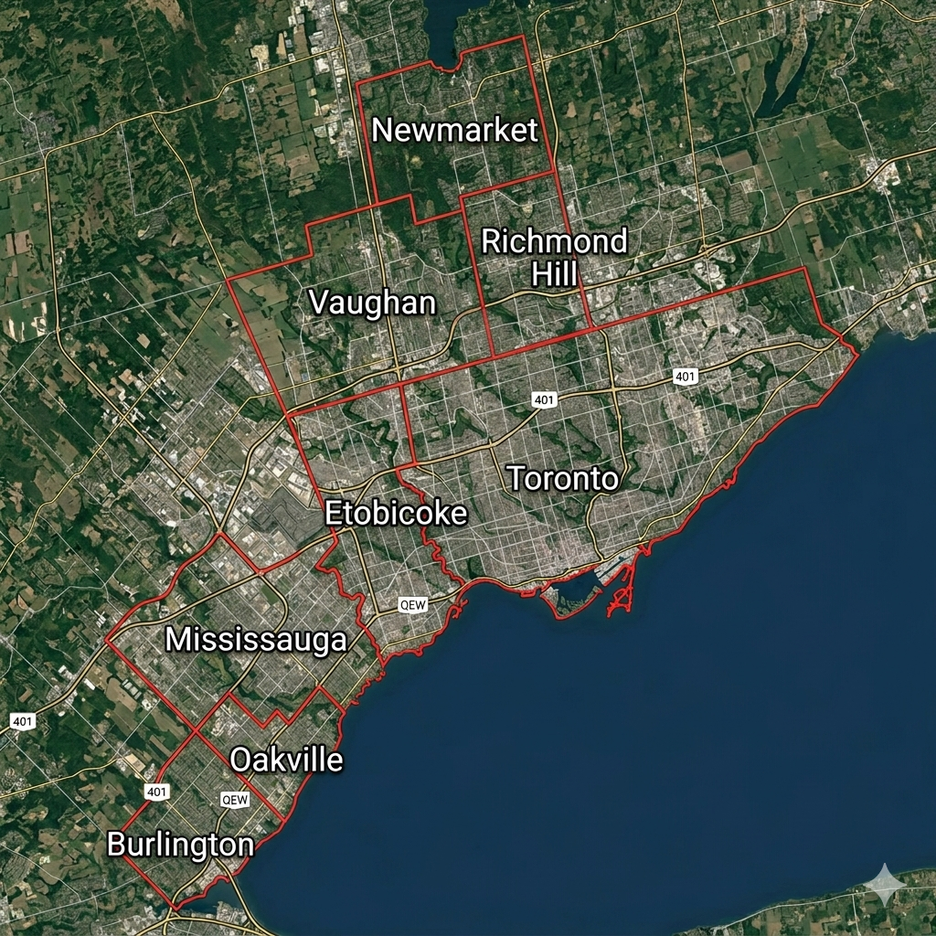 Map of Toronto and surrounding neighborhoods outlined in red, including Newmarket, Richmond Hill, Vaughan, Etobicoke, Mississauga, Oakville, and Burlington.