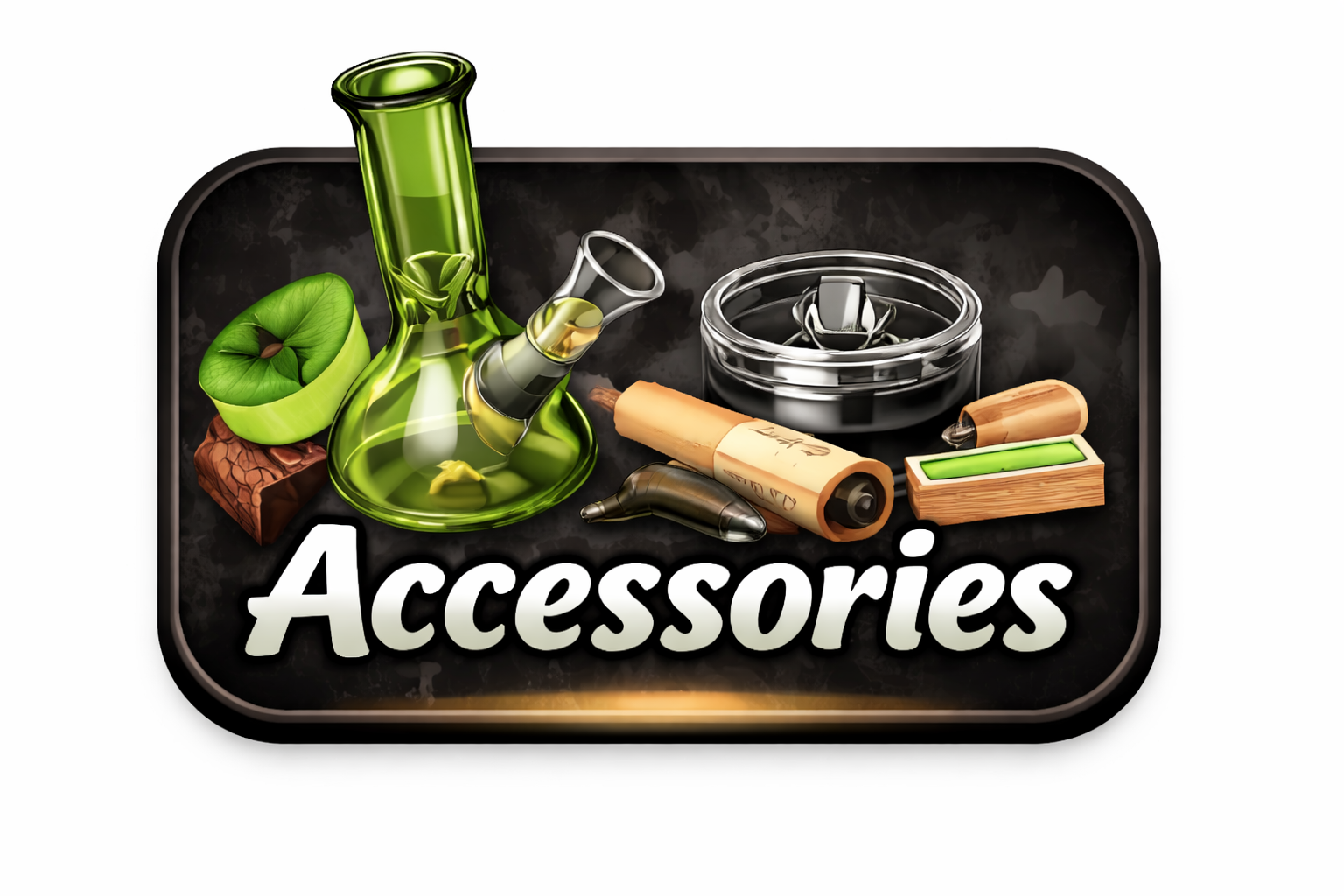 Collection of smoking accessories including a green glass bong, a glass ashtray with a lighter, a box of rolling papers, a pack of rolling tobacco, and a used cigarette, with the word 'Accessories' in large font underneath.