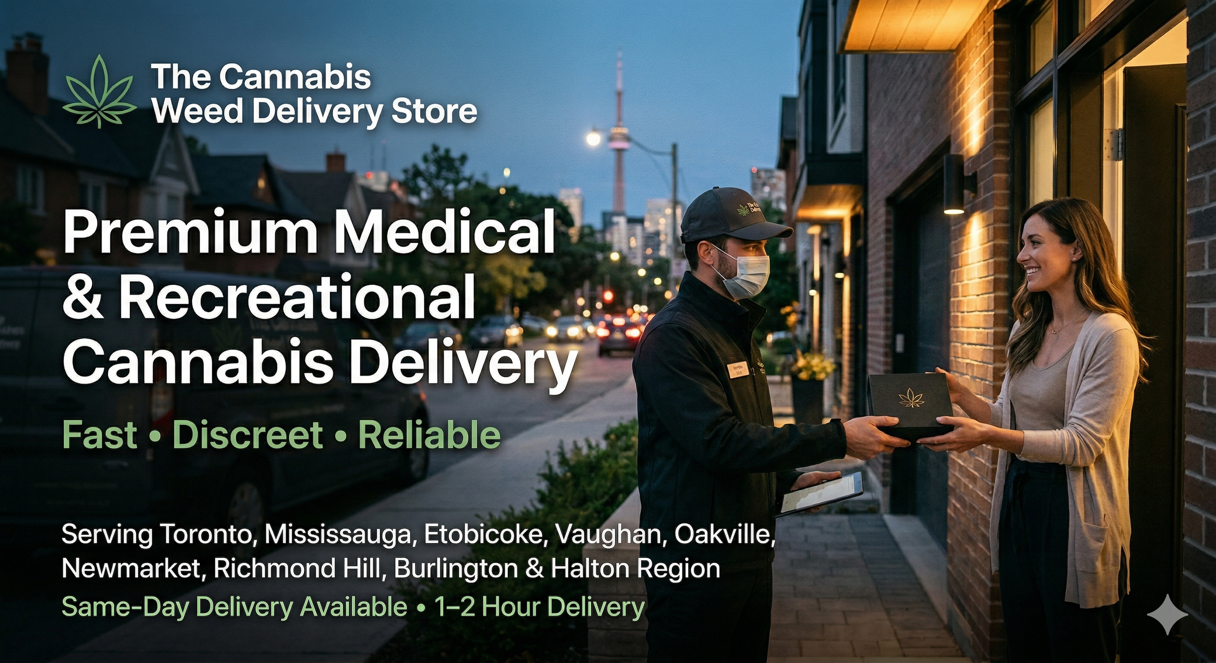 A woman receiving a cannabis delivery from a delivery person outside a building at night, with city lights and the Toronto CN Tower in the background.