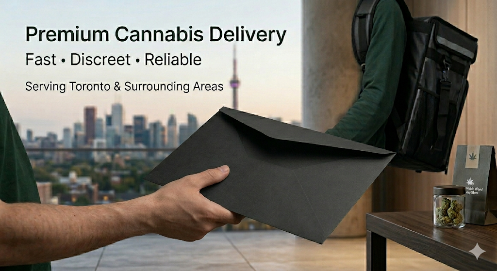 A person holding a black retail bag in front of a branded poster advertising premium cannabis delivery in Toronto, with a city skyline background.